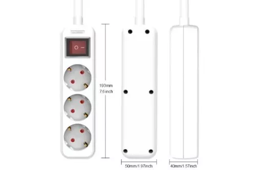 Power strip, 3-way, with switch, GS, CE, white, cable length 1.30m