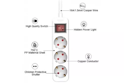 Power strip, 3-way, with switch, GS, CE, white, cable length 1.30m