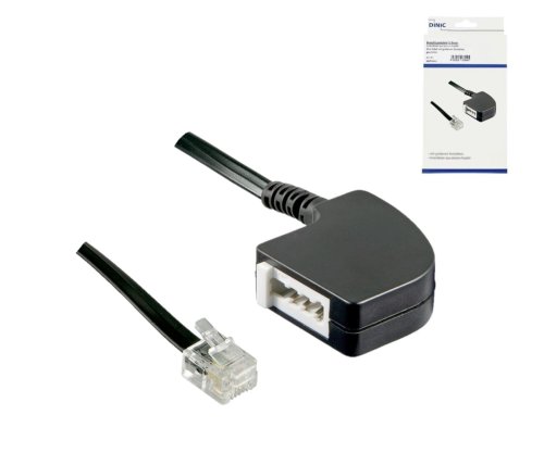 Cablu adaptor DINIC de la mufa RJ11 la mufa TAE-F, negru, cutie DINIC cu gaură Euro, lungime 0.20m