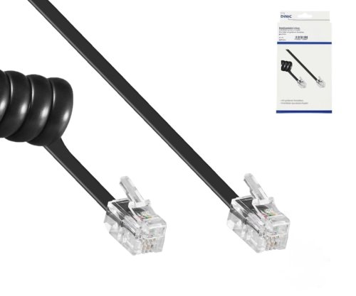 Cable en espiral para microteléfono DINIC, conector modular RJ10 4P4C de clavija a clavija, negro, longitud 2,00m, caja