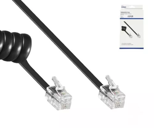DINIC telephone handset spiral cable, RJ10 4P4C modular plug to plug, black, length 2.00m, box