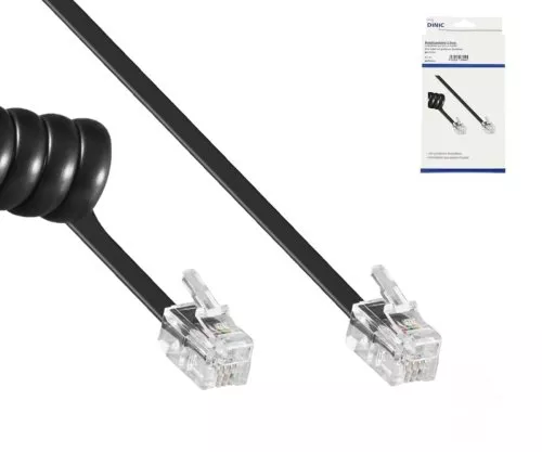 Cabo em espiral para auscultador de telefone DINIC, ficha modular RJ10 4P4C para ficha, preto, comprimento 2,00m, caixa