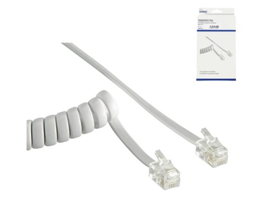DINIC telephone handset coiled cable, RJ10 4P4C modular plug to plug, white, length 2.00m, box