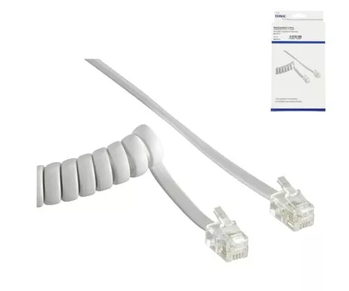 Cable en espiral para microteléfono DINIC, conector modular RJ10 4P4C de clavija a clavija, blanco, longitud 2,00m, caja