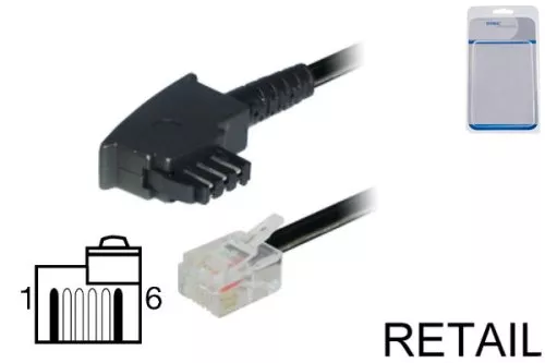 Verbindungskabel TAE-F Stecker auf Western 6/2 Stecker DEC Typ mit versetzter Klinke, Länge 6,00m, Blister