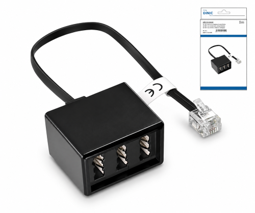 TAE Verteiler 3x TAE N/F/F Buchse auf RJ11/RJ45 Stecker (6P4C), schwarz, DINIC Box mit Euroloch, Länge 0,20m