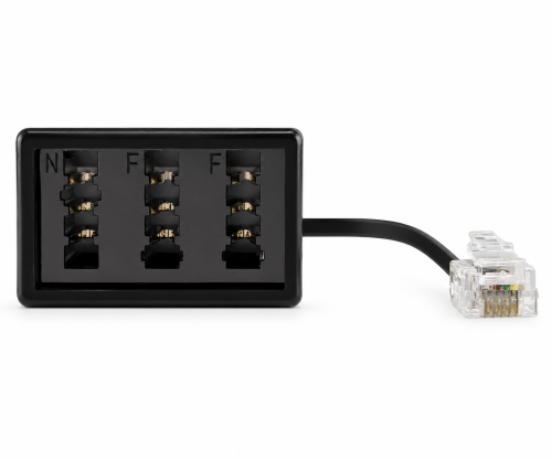 TAE Verteiler 3x TAE N/F/F Buchse auf RJ11/RJ45 Stecker (6P4C), schwarz, DINIC Box mit Euroloch, Länge 0,20m