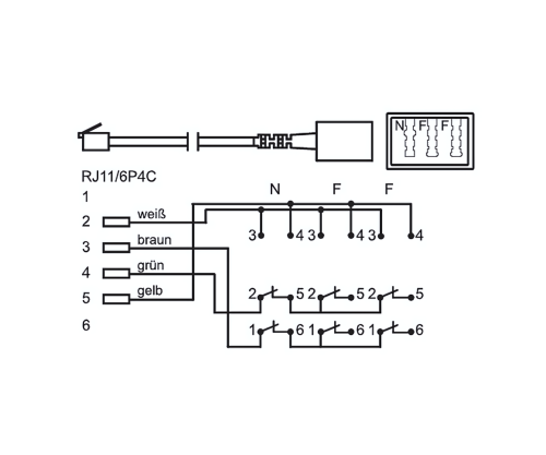 TAE Répartiteur 3x TAE N/F/F femelle sur RJ11/RJ45 mâle (6P4C), noir, DINIC Box avec trou européen, longueur 0,20m