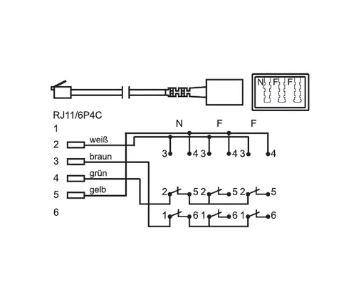 TAE verdeler 3x TAE N/F/F contactdoos naar RJ11/RJ45 stekker (6P4C), zwart, DINIC doos met Euro gat, lengte 0,20m