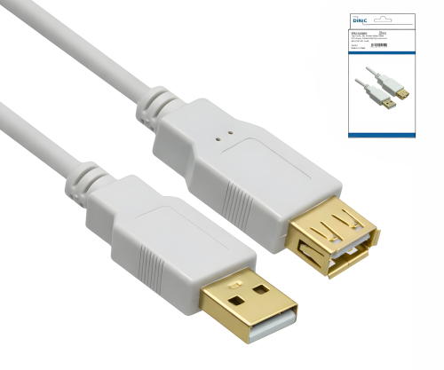 DINIC USB 2.0 HQ Verlängerung A Stecker auf A Buchse, 28 AWG / 2C, 26 AWG / 2C, weiß, DINIC Box mit Euroloch, Länge 2,00m