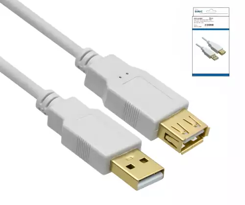 DINIC USB 2.0 HQ extensión A macho a A hembra, 28 AWG / 2C, 26 AWG / 2C, blanco, caja DINIC con euro agujero, longitud 2.00m