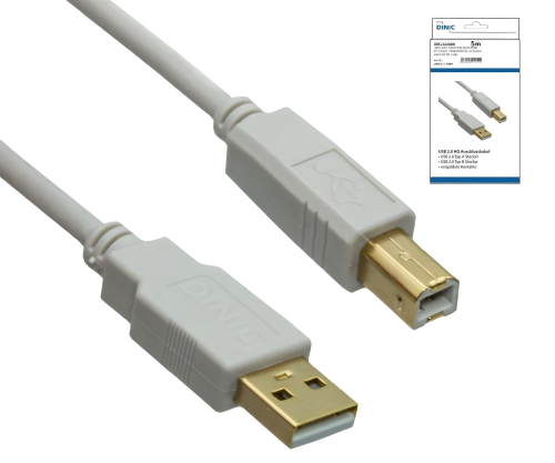 Cabo DINIC USB 2.0 HQ, ficha A a B, 28 AWG / 2C, 26 AWG / 2C, branco, caixa DINIC com orifício Euro, comprimento 5,00m