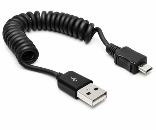 Mikro-USB-spiraalikaapeli, Micro B-pistoke USB A-pistokkeeseen, musta, DINIC-läpipainopakkaus, 20-60cm