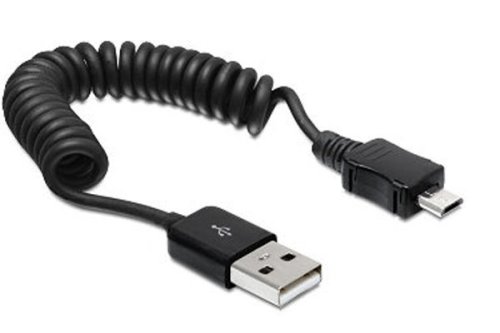 Micro USB spiral cable, Micro B plug to USB A plug, black, DINIC blister, 20-60cm