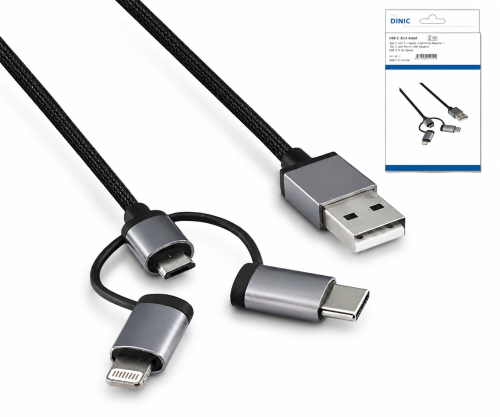 Câble de données/chargeur USB 3 in1 Premium, USB A vers 1x USB C / 1x Micro USB ou 1x Lightning, boîte DINIC avec trou européen, 1,00m