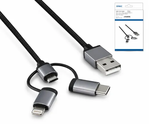 USB 3 in1 Premium Daten-/Ladekabel, USB A auf 1x USB C / 1x Micro USB oder 1x Lightning, DINIC Box mit Euroloch, 1,00m