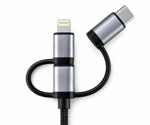 Câble de données/chargeur USB 3 in1 Premium, USB A vers 1x USB C / 1x Micro USB ou 1x Lightning, boîte DINIC avec trou européen, 1,00m