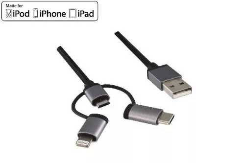 USB 3 in1 premium data/charging cable, USB A to 1x USB C / 1x Micro USB or 1x Lightning, DINIC box with Euro hole, 1.00m