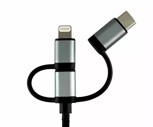 USB 3 in1 premium data/charging cable, USB A to 1x USB C / 1x Micro USB or 1x Lightning, DINIC box with Euro hole, 1.00m