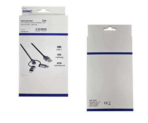 USB 3 in1 premium data/charging cable, USB A to 1x USB C / 1x Micro USB or 1x Lightning, DINIC box with Euro hole, 1.00m