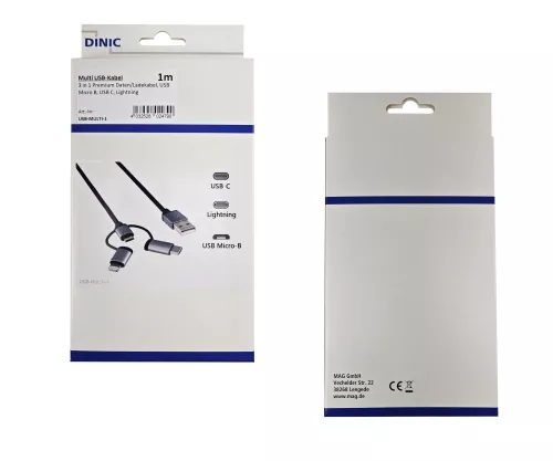 USB 3 in1 premium data/charging cable, USB A to 1x USB C / 1x Micro USB or 1x Lightning, DINIC box with Euro hole, 1.00m