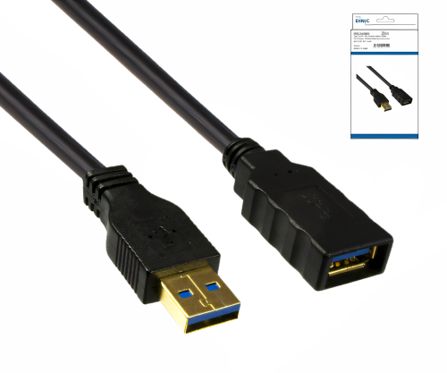 USB 3.0 Verlängerung, A Stecker auf A Buchse, vergoldete Kontakte, schwarz, 2,00m, DINIC Box