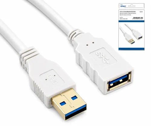 USB 3.0 удължител. A конектор-букса, 3P AWG 28/1P AWG 24, позлатени контакти, бял, 2,00 м, DINIC кутия с евроотвор