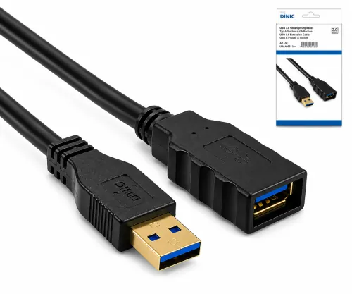 USB 3.0 удължител, от щепсел A до гнездо A, позлатени контакти, черен, 2,00 м, кутия DINIC