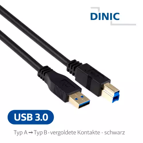 USB 3.0-kabel A-kontakt til B-kontakt, gullbelagte kontakter, svart, 2,00 m, DINIC-polybag