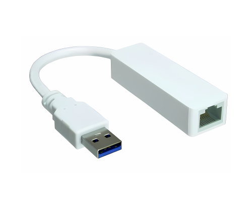 USB Adapter auf Gbit LAN für MAC und PC, USB 3.0 (2.0) A Stecker auf RJ45 Buchse, weiß, DINIC Box mit Euroloch
