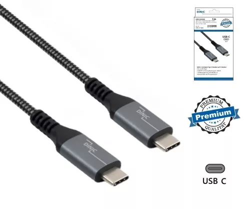 DINIC USB C 4.0 data and charging cable, type C to C, PD 240W, 40Gbps, aluminium plug, nylon cable, black, box with Euro hole, 1m