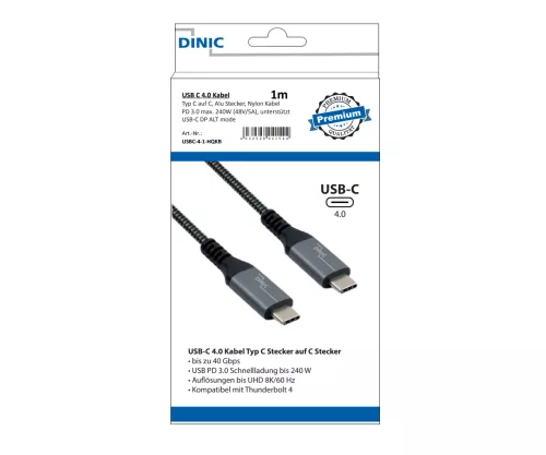 DINIC USB C 4.0 Cable, 240W PD, 40Gbps, 1m Type C to C, Aluminum Connector, Nylon Cable, DINIC Box