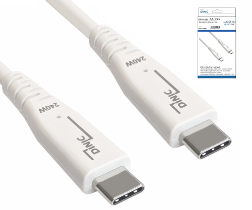 Kabel DINIC USB C 4.0, 240 W PD, 40 Gb/s, biały, 1,5 m, typ C do C, średnica zewnętrzna 5,2 mm, TPE, chip E-Mark, pudełko DINIC