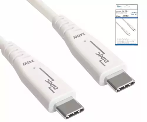 Kabel DINIC USB C 4.0, 240 W PD, 40 Gb/s, bílý, 0,5 m, typ C na C, vnější průměr 5,2 mm, TPE, čip E-Mark, krabička DINIC