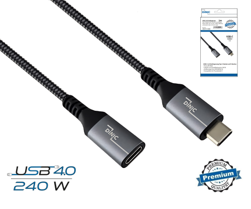 Prolunga DINIC USB 4.0, 240W PD, 40Gbps, da tipo C a C, spina in alluminio, cavo in nylon, nero, scatola con foro Euro, 1m
