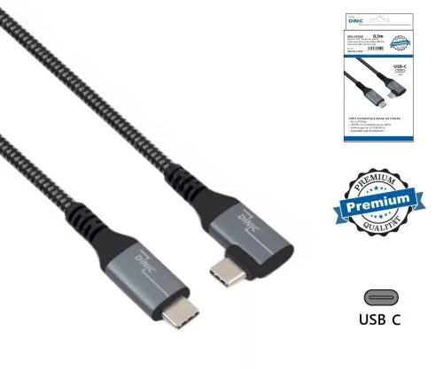DINIC USB C 4.0 kábel, egyenes 90°-os szögben, PD 240W, 40Gbps, alumínium dugó, nylon kábel, 0,50m