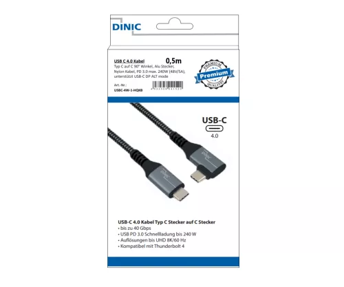 Cable DINIC USB C 4.0, recto a ángulo de 90°, PD 240W, 40Gbps, conector de aluminio, cable de nailon, 0,50m