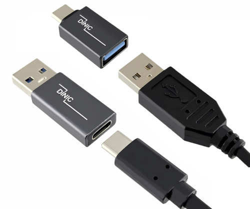 Set, 1x USB C-stekker naar A-stekker + 1x C-stekker naar A-stekker, 2x USB-adapter, aluminium, spacegrijs, DINIC-box met Euro-gat