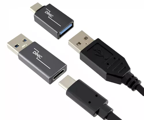 Set, 1x USB C plug to A socket + 1x C socket to A plug, 2x USB adapter, aluminium, space grey, DINIC box with Euro hole