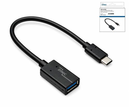 USB-C-sovitin C-tyypin 3.0 A pistorasiaan, OTG-yhteensopiva, musta, DINIC-kotelo, jossa on euroreikä, 0,20 m