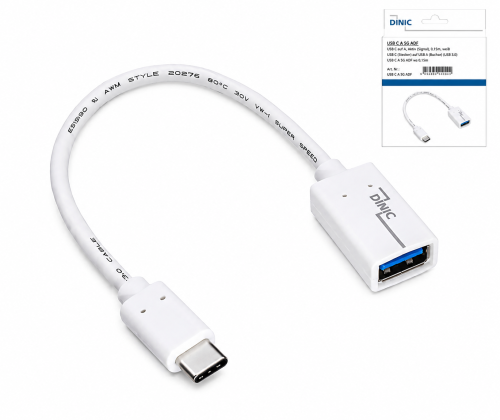 USB-C-sovitin C-tyypin 3.0 A pistorasiaan, OTG-yhteensopiva, valkoinen, 0.20 m, DINIC Box -laatikko