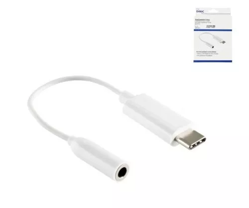 Adattatore USB-C per audio da 3,5 mm (digitale), con chipset, bianco, scatola DINIC con foro Euro, lunghezza 13,5 cm
