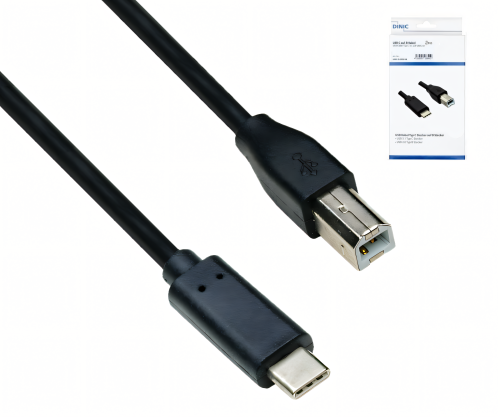 USB Kabel Typ C auf USB 2.0 B Stecker, schwarz, DINIC Box mit Euroloch, 3,00m