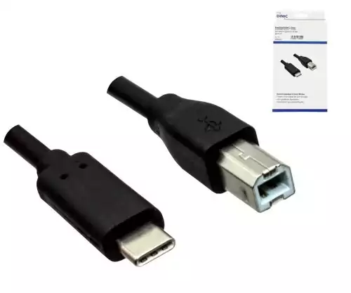 Kabel USB typ C na konektor USB 2.0 B, černý, krabička DINIC s eurootvorem, 3,00 m