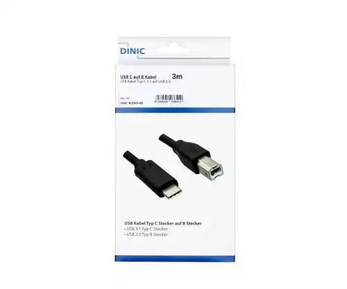 Kabel USB typ C na konektor USB 2.0 B, černý, krabička DINIC s eurootvorem, 3,00 m