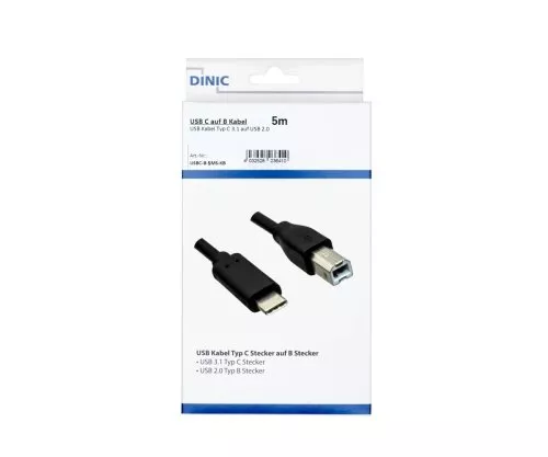 C típusú USB kábel USB 2.0 B dugóhoz, fekete, 5,00 m, DINIC doboz (kartondoboz)