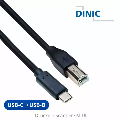 Kabel USB typ C na konektor USB 2.0 B, černý, polybag DINIC, 5,00 m