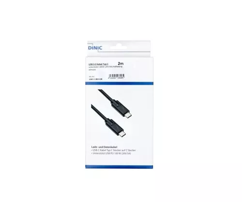 Cable USB 3.2 tipo C a conector C, hasta 20 GBit/s y carga de 100 W (20 V/5 A), negro, 2 m, caja DINIC (cartón)