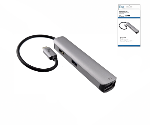 USB-C 5-in-1 Adapter, HDMI 4K/60Hz, RJ45 3x USB-A (5G), Aluminium, silber, DINIC Box mit Euroloch