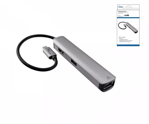 USB-C 5-in-1 adapter, HDMI 4K/60Hz, RJ45 3x USB-A (5G), aluminium, silver, DINIC box with Euro hole